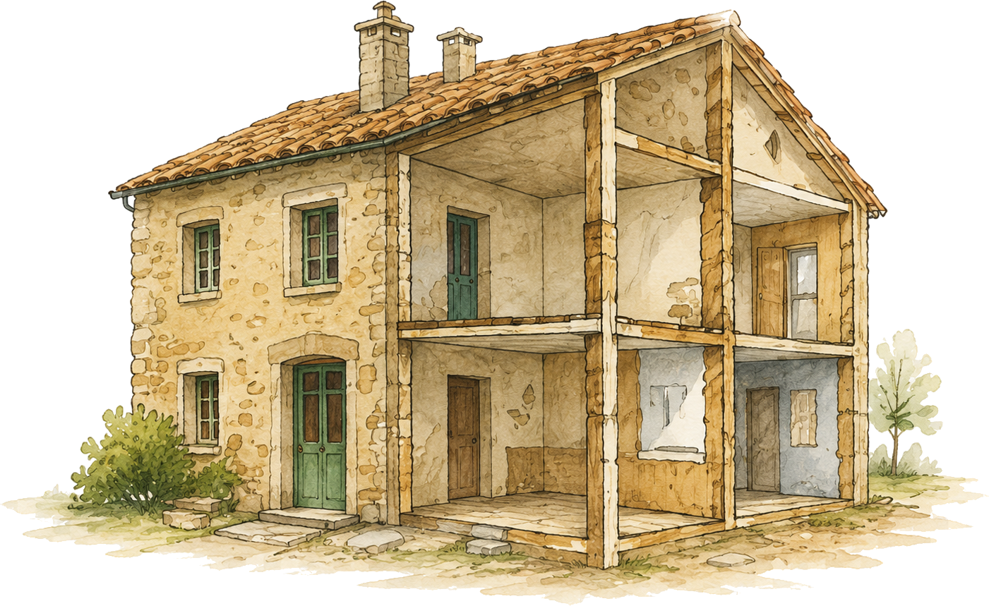 Coupe de maison montrant les priorités de rénovation.