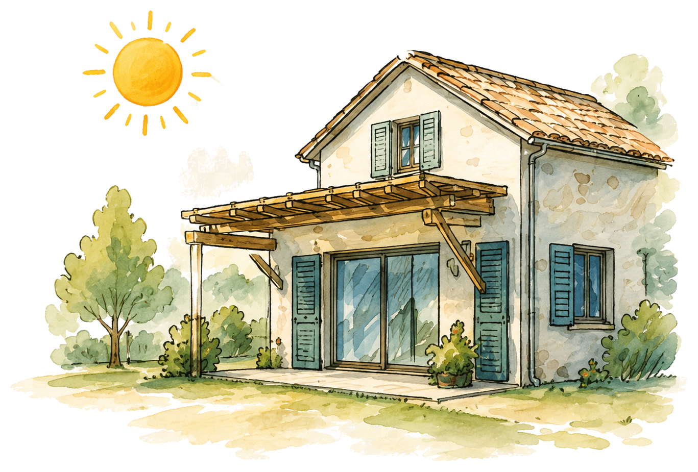 Maison protégée du soleil par une pergola et des ombrages.