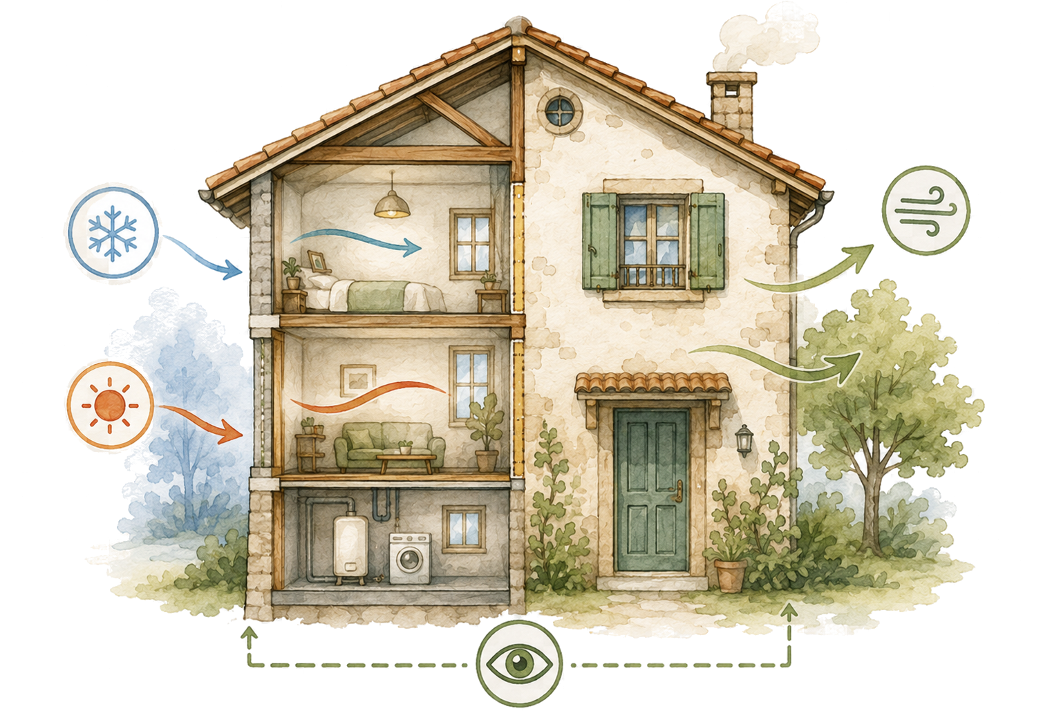 Coupe de maison montrant les flux thermiques.