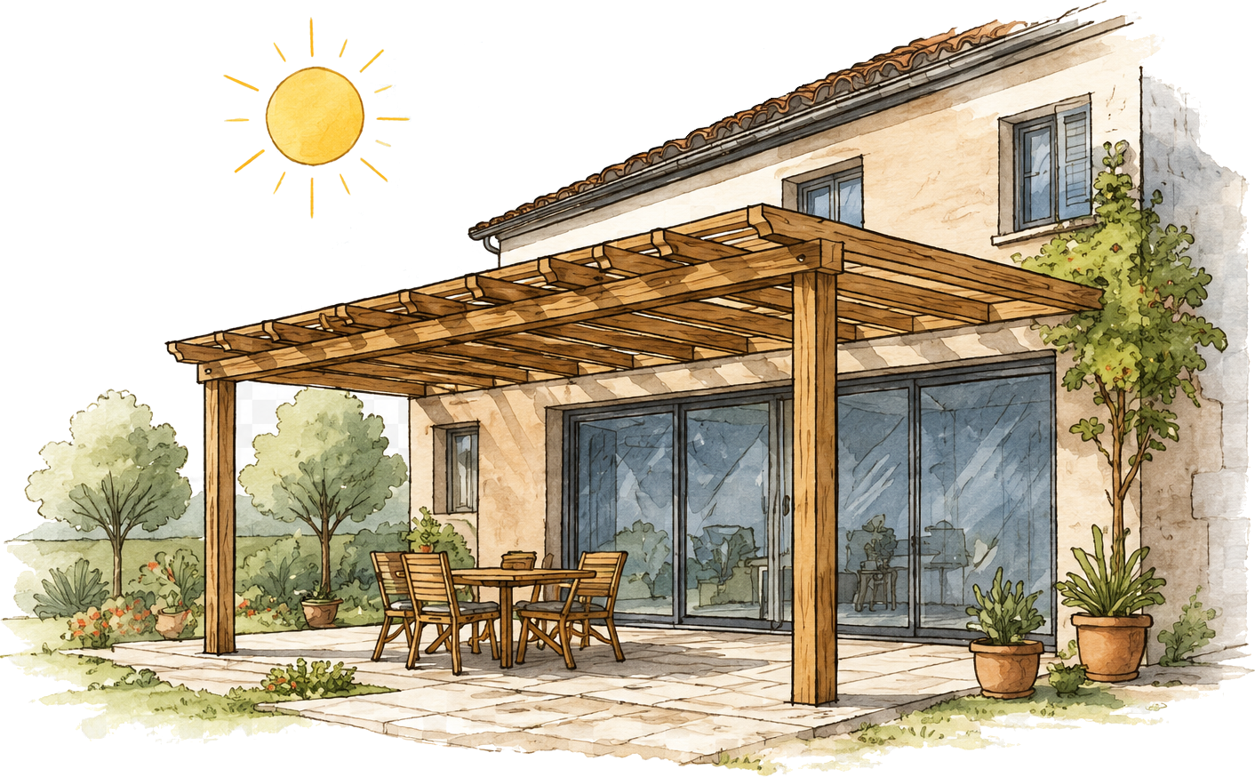 Maison avec pergola bois protégeant les vitrages du soleil.