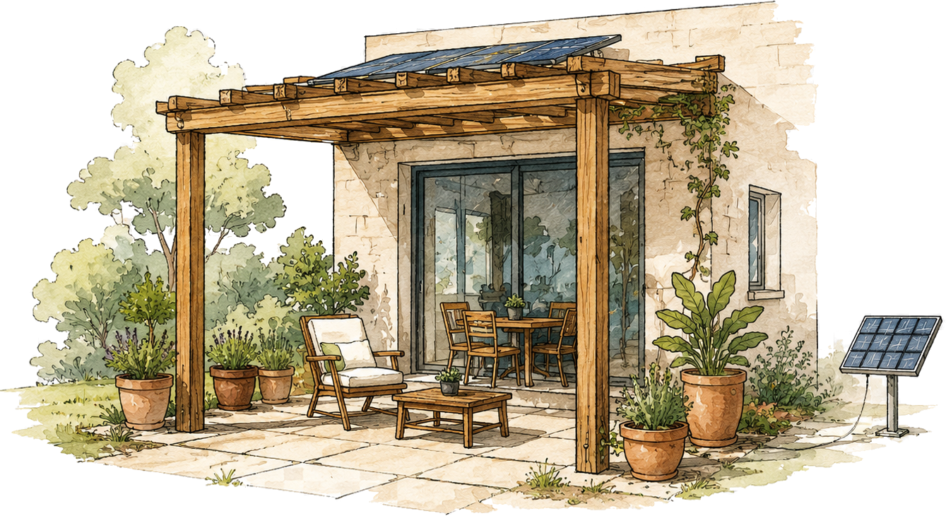 Pergola patio avec usages sobres et autonomie locale.