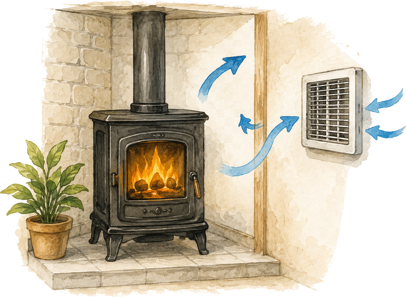 Poêle et circulation douce de l’air chaud.